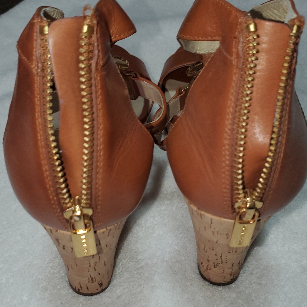 Michael Kors Tan Brown Leather MK Logo T-Strap Heels - Picture 4 of 4